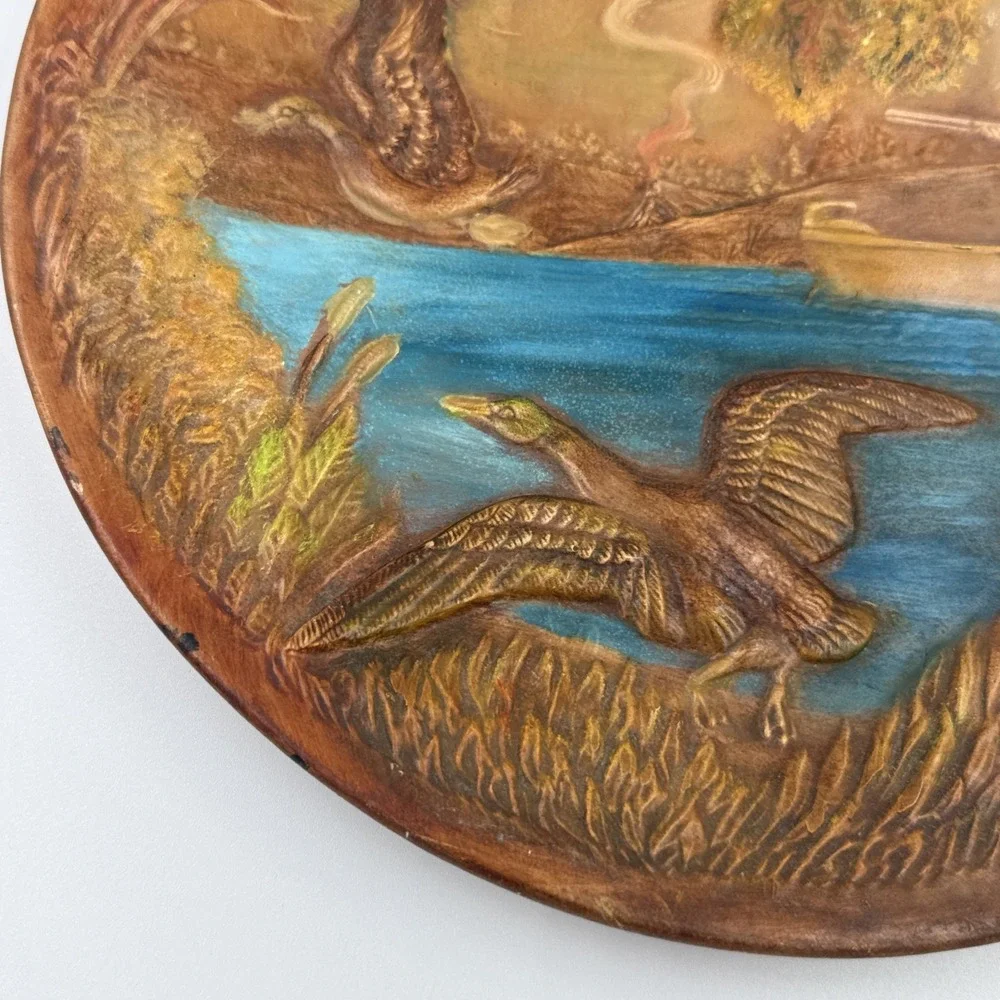 Vintage 1970 Duck Hunter in Boat Painted Plate
